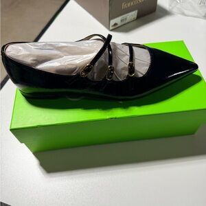 Sam Edelman Black Patent Pointed Mary Jane Flats with Triple Straps
